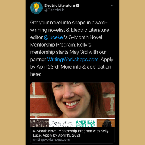 Apply for Kelly Luce's Novel Mentorship Program by April 23rd!