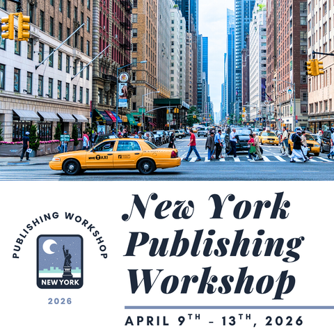 New York city street with yellow taxi and people crossing the street, featuring New York Publishing Workshop 2026 text.